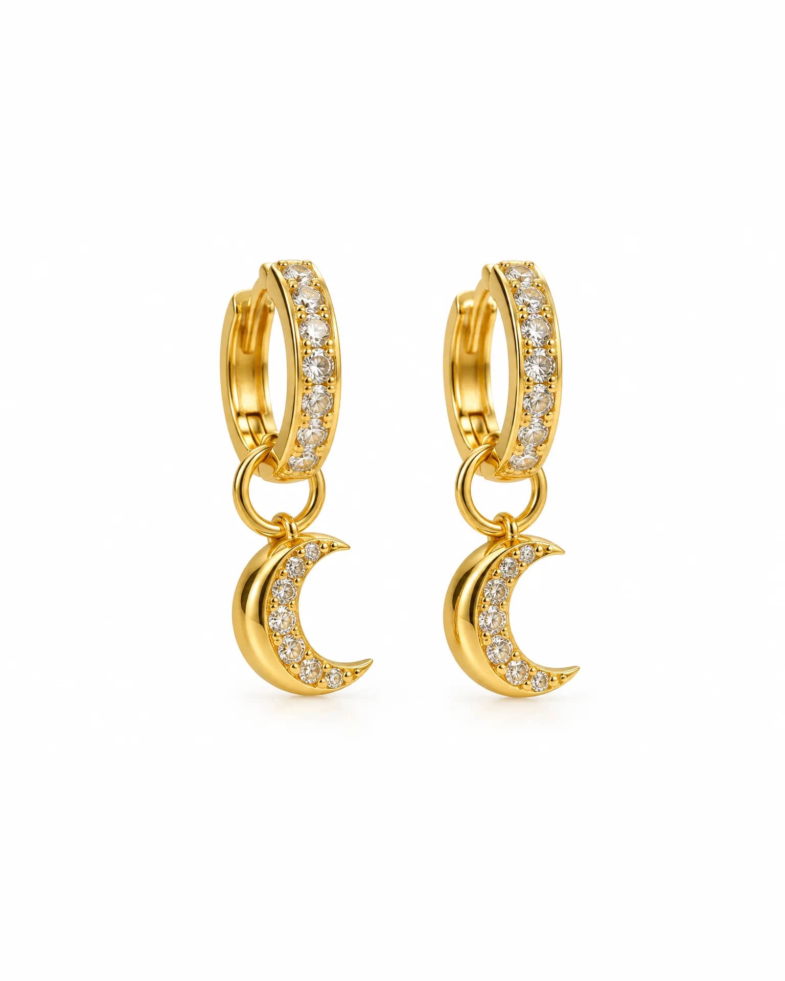 Işıltılı Hilal Figürlü Sallantılı Gold Halka Küpe, altın kaplama, önden görünüm