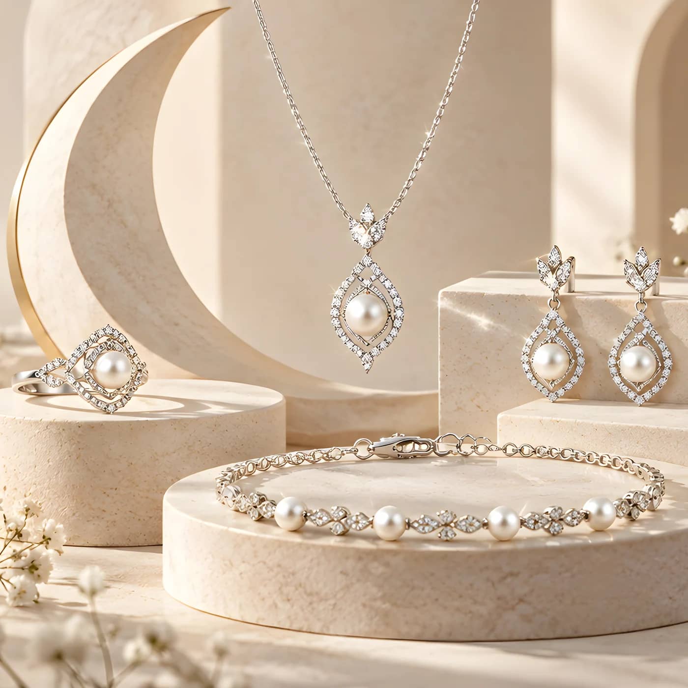 Set aus 925er Silber mit Perlen: Kette, Ohrringe, Ring und Armband